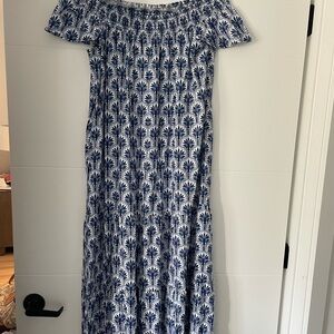 Blue and White Off-Shoulder Dress